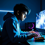 A determined young male gamer, of South Asian descent, fully clothed in a modest, professional gaming hoodie and comfortable trousers, sitting intently at a high-tech gaming setup. His hands are positioned precisely on a backlit mechanical keyboard and gaming mouse, eyes focused on a large, glowing monitor displaying abstract, high-resolution competitive game elements. The background is a modern, clean gaming room with subtle LED lighting, highlighting the focus on skill development and practice. The atmosphere is quiet and concentrated. professional dress, perfect anatomy, correct proportions, natural pose, well-formed hands, proper finger count, natural body proportions, safe for work, appropriate content, fully clothed, professional, family-friendly, high quality, cinematic lighting, studio photography, crisp details.