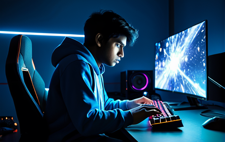 A determined young male gamer, of South Asian descent, fully clothed in a modest, professional gaming hoodie and comfortable trousers, sitting intently at a high-tech gaming setup. His hands are positioned precisely on a backlit mechanical keyboard and gaming mouse, eyes focused on a large, glowing monitor displaying abstract, high-resolution competitive game elements. The background is a modern, clean gaming room with subtle LED lighting, highlighting the focus on skill development and practice. The atmosphere is quiet and concentrated. professional dress, perfect anatomy, correct proportions, natural pose, well-formed hands, proper finger count, natural body proportions, safe for work, appropriate content, fully clothed, professional, family-friendly, high quality, cinematic lighting, studio photography, crisp details.