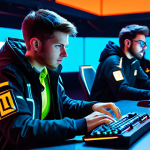 A diverse group of professional esports players, fully clothed in modest, sleek gaming attire, intensely focused on their individual screens within a futuristic, neon-lit esports arena. They are shown mid-action, communicating with precise hand gestures and determined expressions, embodying synchronized teamwork and high-stakes strategy in a competitive first-person shooter game. The environment is clean and high-tech, with dynamic lighting. safe for work, appropriate content, fully clothed, professional, perfect anatomy, correct proportions, natural pose, well-formed hands, proper finger count, natural body proportions, professional photography, high quality.