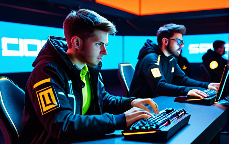 A diverse group of professional esports players, fully clothed in modest, sleek gaming attire, intensely focused on their individual screens within a futuristic, neon-lit esports arena. They are shown mid-action, communicating with precise hand gestures and determined expressions, embodying synchronized teamwork and high-stakes strategy in a competitive first-person shooter game. The environment is clean and high-tech, with dynamic lighting. safe for work, appropriate content, fully clothed, professional, perfect anatomy, correct proportions, natural pose, well-formed hands, proper finger count, natural body proportions, professional photography, high quality.