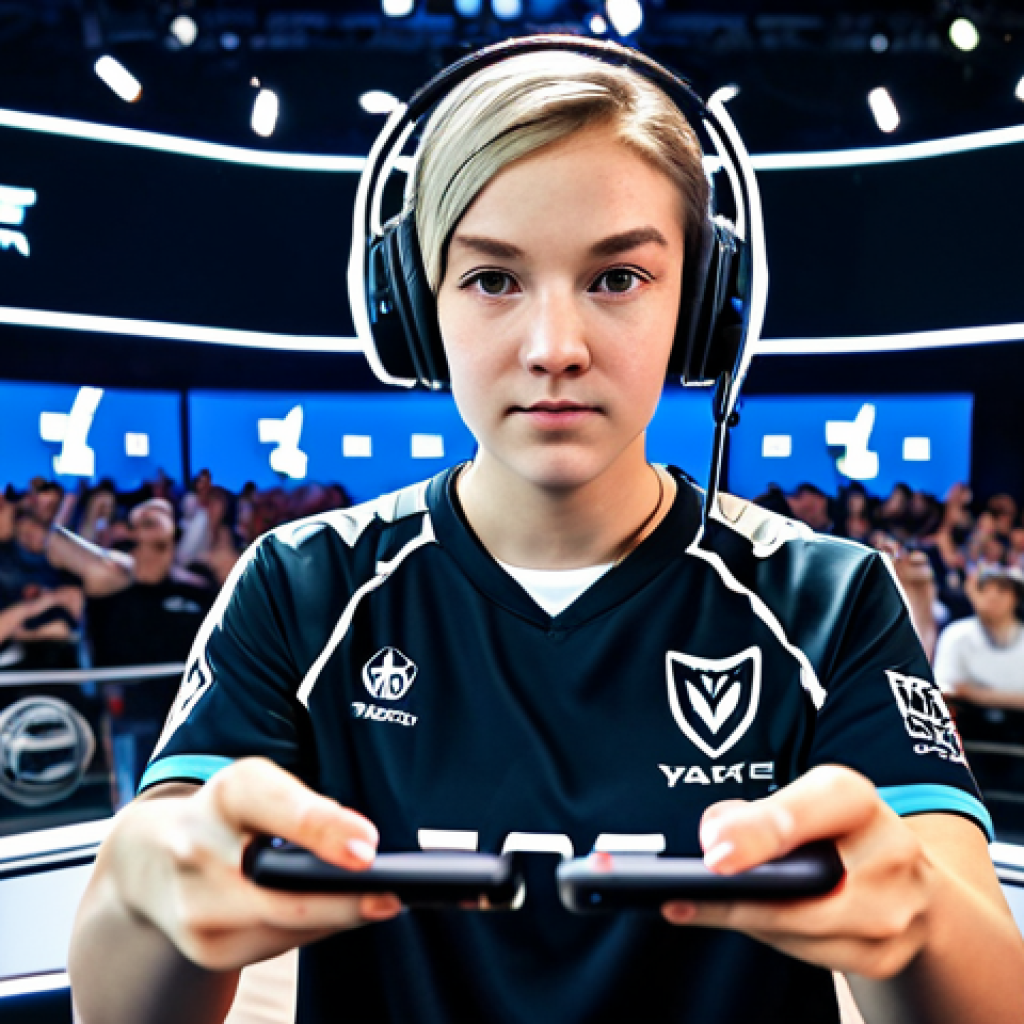 ** "A fully clothed professional gamer, focused and determined, competing in a Valorant Mobile esports tournament. She's wearing a comfortable gaming jersey with team logos, headset on, with a smartphone in her hands. The background shows a bright, modern esports arena with cheering crowds and large screens displaying the game. Perfect anatomy, natural proportions, well-formed hands, proper finger count, safe for work, appropriate content, professional, family-friendly." **