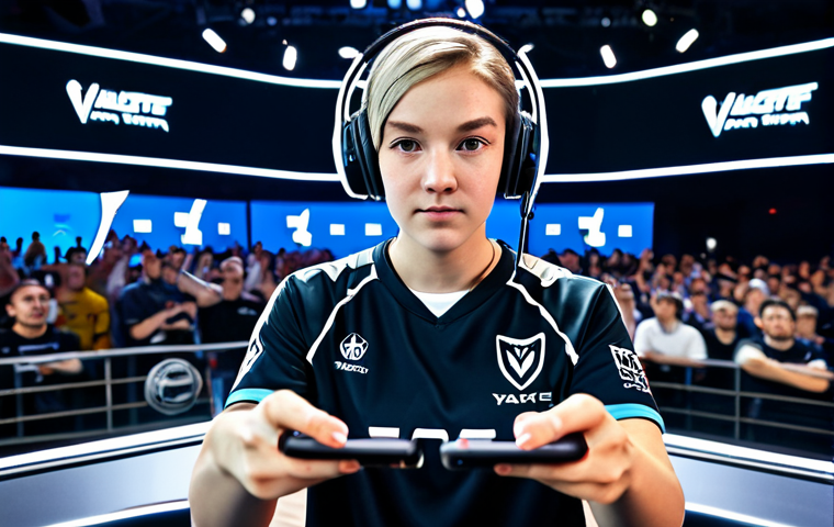 ** "A fully clothed professional gamer, focused and determined, competing in a Valorant Mobile esports tournament. She's wearing a comfortable gaming jersey with team logos, headset on, with a smartphone in her hands. The background shows a bright, modern esports arena with cheering crowds and large screens displaying the game. Perfect anatomy, natural proportions, well-formed hands, proper finger count, safe for work, appropriate content, professional, family-friendly." **