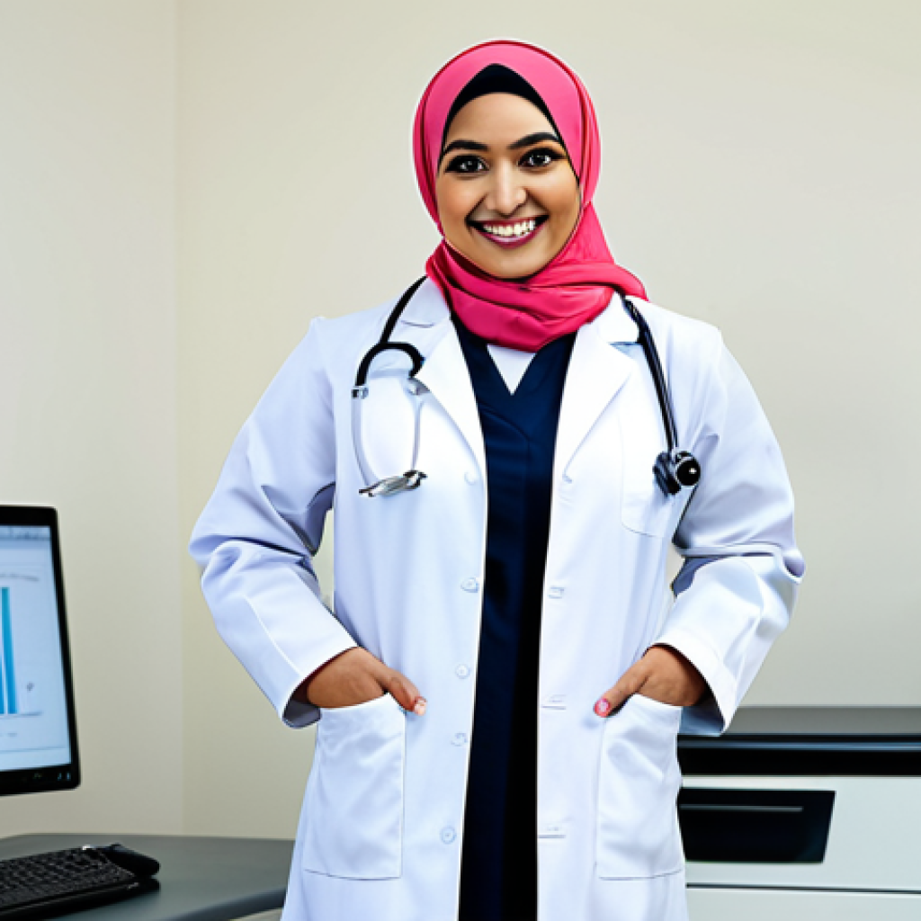 ** "A fully clothed, professional female doctor wearing a modest hijab and lab coat, smiling warmly in a modern, clean hospital setting. Appropriate attire, safe for work. Perfect anatomy, correct proportions, well-formed hands, proper finger count, natural pose, professional lighting, high quality." **