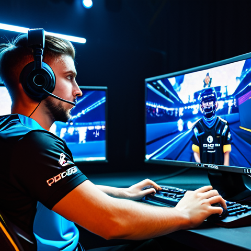 ** "A professional Valorant esports player, fully clothed in a branded team jersey, focused intently on multiple monitors during a tournament match. The player is sitting in a gaming chair on a stage filled with lights and cheering fans, creating a dynamic and competitive atmosphere. Perfect anatomy, correct proportions, well-formed hands, proper finger count, professional lighting, safe for work, appropriate content, fully clothed, professional esports scene." **