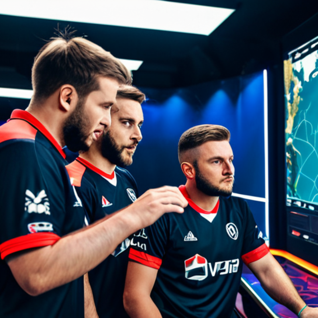 Teamwork & Strategy** "Valorant team strategizing before a match, fully clothed in team jerseys, discussing tactics around a holographic map display, focused expressions, serious atmosphere, esports arena background, safe for work, appropriate content, perfect anatomy, natural pose, professional esports photography, high quality, family-friendly, modest clothing." **