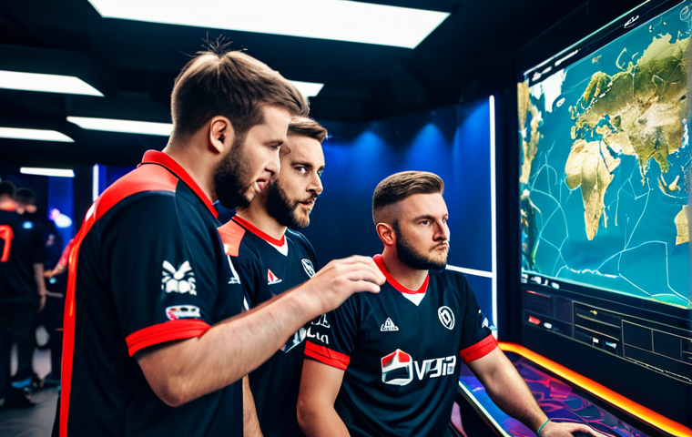 Teamwork & Strategy** "Valorant team strategizing before a match, fully clothed in team jerseys, discussing tactics around a holographic map display, focused expressions, serious atmosphere, esports arena background, safe for work, appropriate content, perfect anatomy, natural pose, professional esports photography, high quality, family-friendly, modest clothing." **