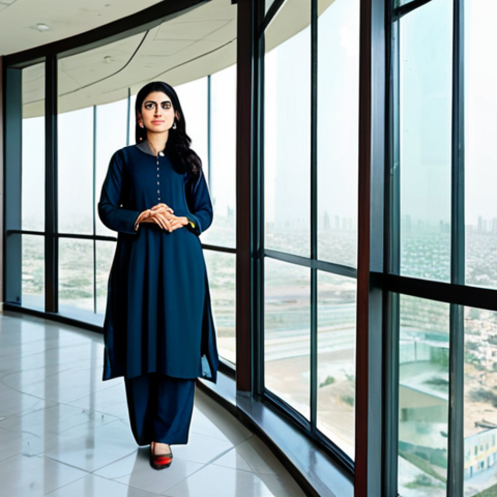 ** "A confident businesswoman, fully clothed in a modest, tailored salwar kameez, stands in a modern office building in Karachi, Pakistan. The background shows the cityscape with a clear sky. Professional lighting, high resolution, perfect anatomy, correct proportions, natural pose, well-formed hands, proper finger count, safe for work, appropriate content, family-friendly, professional." **