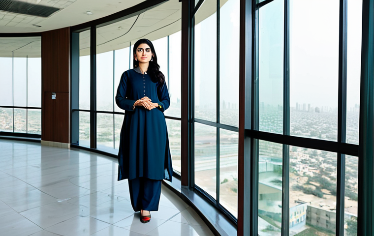 ** "A confident businesswoman, fully clothed in a modest, tailored salwar kameez, stands in a modern office building in Karachi, Pakistan. The background shows the cityscape with a clear sky. Professional lighting, high resolution, perfect anatomy, correct proportions, natural pose, well-formed hands, proper finger count, safe for work, appropriate content, family-friendly, professional." **