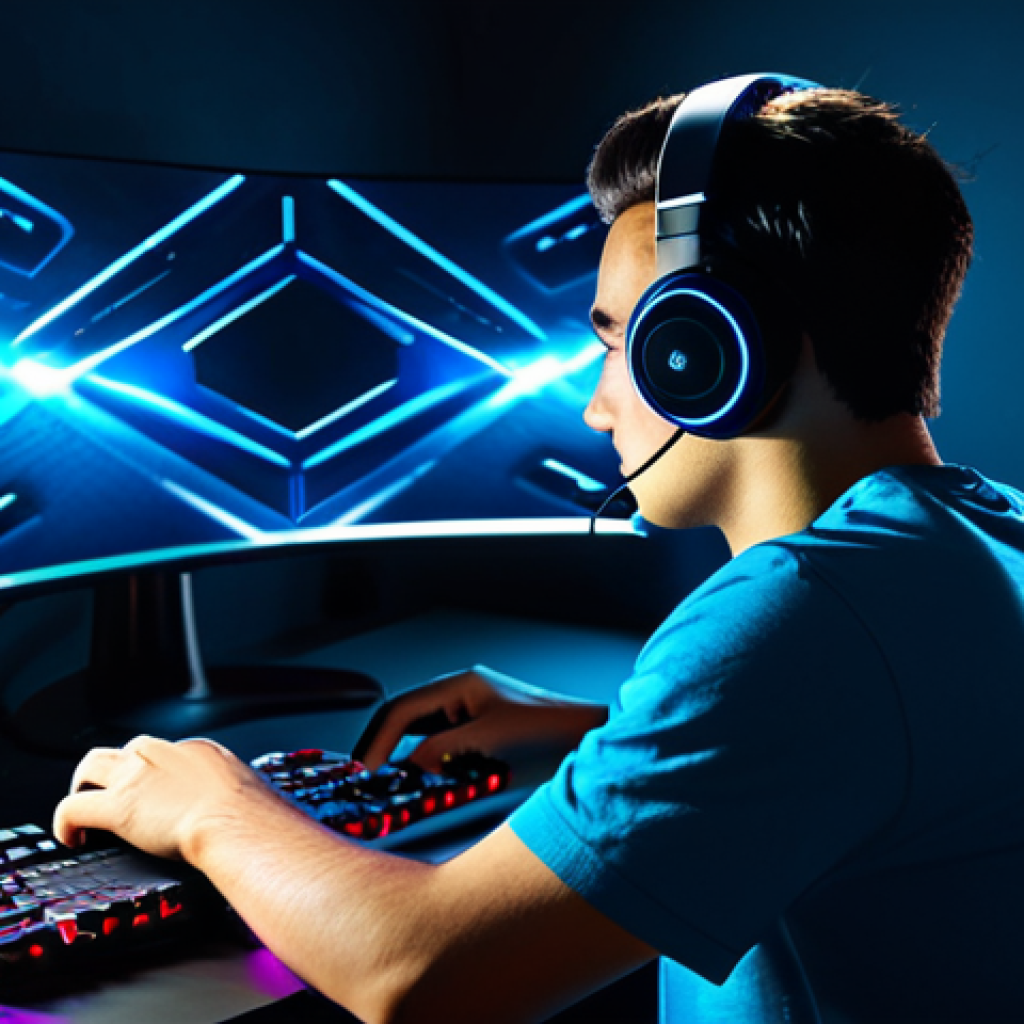 The Focused Gamer** "A young, professional gamer intensely focused on their monitor, bathed in the cool glow of the screen. They are wearing a comfortable gaming headset and a casual, modern t-shirt, fully clothed. The desk is clean and organized, showcasing a high-end gaming mouse and keyboard. The background is a blurred, dark gaming room setup with LED lighting. perfect anatomy, proper finger count, natural pose, safe for work, appropriate content, fully clothed, professional, modest, family-friendly. Add 'gaming setup in a Pakistan home', high quality, professional photography." **