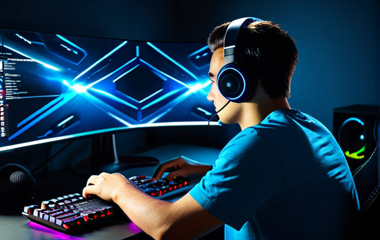 The Focused Gamer** "A young, professional gamer intensely focused on their monitor, bathed in the cool glow of the screen. They are wearing a comfortable gaming headset and a casual, modern t-shirt, fully clothed. The desk is clean and organized, showcasing a high-end gaming mouse and keyboard. The background is a blurred, dark gaming room setup with LED lighting. perfect anatomy, proper finger count, natural pose, safe for work, appropriate content, fully clothed, professional, modest, family-friendly. Add 'gaming setup in a Pakistan home', high quality, professional photography." **