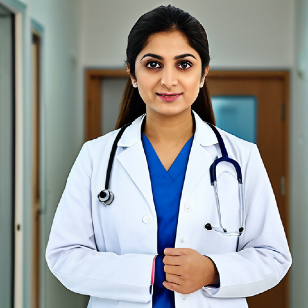**Professional Pakistani Doctor:** A confident female doctor in a modern hospital setting, wearing a white coat and stethoscope, fully clothed, appropriate attire, safe for work, perfect anatomy, natural pose, professional photography, high quality, family-friendly.