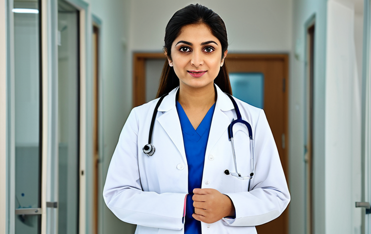 **Professional Pakistani Doctor:** A confident female doctor in a modern hospital setting, wearing a white coat and stethoscope, fully clothed, appropriate attire, safe for work, perfect anatomy, natural pose, professional photography, high quality, family-friendly.