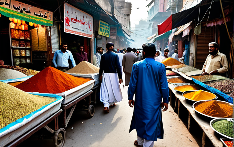 **Prompt:** "A vibrant and bustling bazaar scene in Lahore, Pakistan. People in colorful, modest shalwar kameez are shopping for spices, fabrics, and traditional crafts. Include a food stall selling delicious biryani. Safe for work, appropriate content, fully clothed, professional, perfect anatomy, natural proportions, high quality, family-friendly."