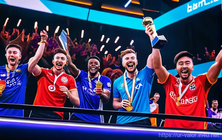 발로란트 세계 챔피언십 결과 - **Prompt:** A vibrant, celebratory scene capturing the moment EDward Gaming (EDG) wins the Valorant ...