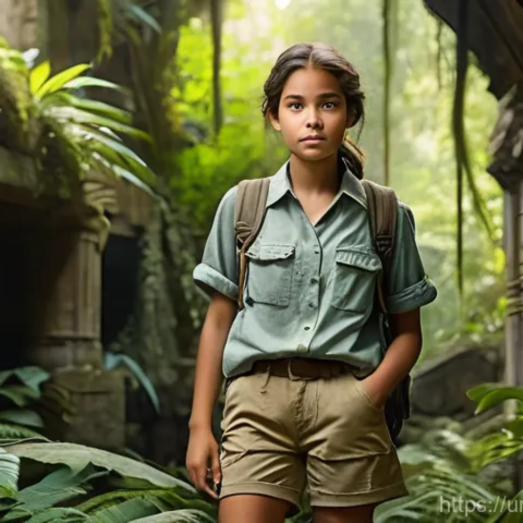 발로란트 새로운 업데이트 정보 - **Prompt:** A young female explorer, approximately 22 years old, stands amidst ancient, overgrown ju...