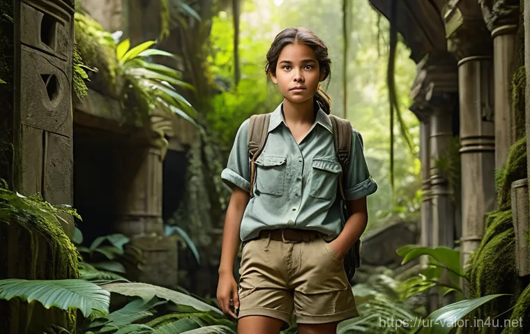 발로란트 새로운 업데이트 정보 - **Prompt:** A young female explorer, approximately 22 years old, stands amidst ancient, overgrown ju...