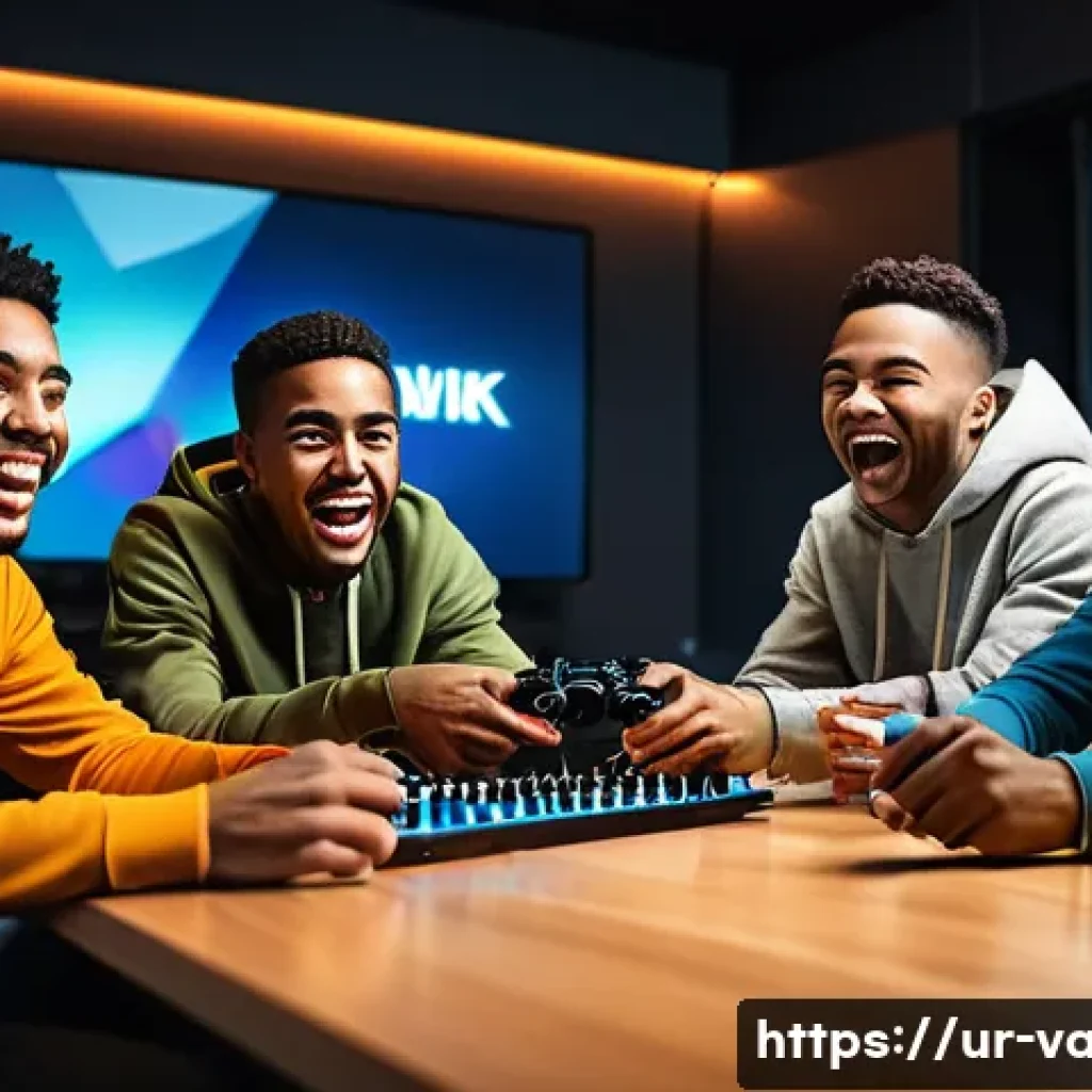 발로란트 유저 맞춤 콘텐츠 - **Prompt 1: "A diverse group of five young adult friends, laughing and cheering while playing a comp...