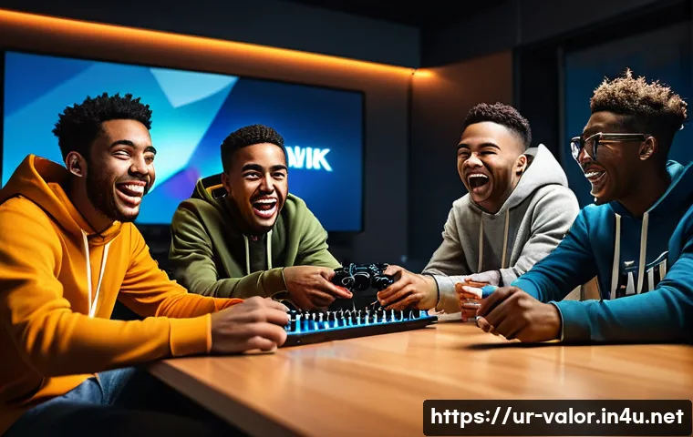 발로란트 유저 맞춤 콘텐츠 - **Prompt 1: "A diverse group of five young adult friends, laughing and cheering while playing a comp...