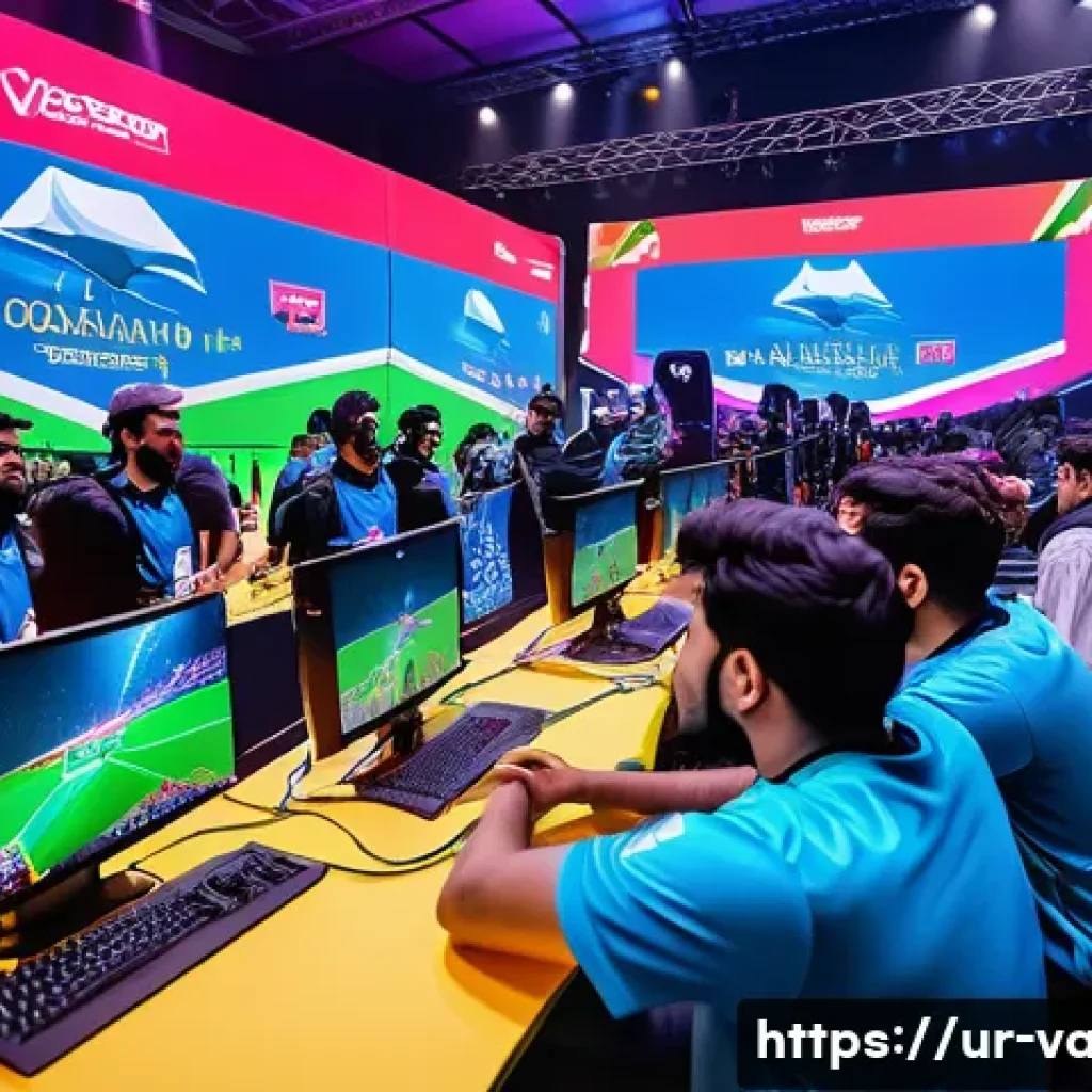 발로란트 e스포츠 이벤트 관람권 - A vibrant scene at a Valorant esports event in Pakistan, featuring a diverse crowd of passionate fan...