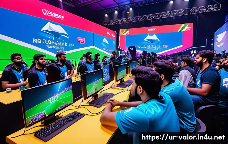 발로란트 e스포츠 이벤트 관람권 - A vibrant scene at a Valorant esports event in Pakistan, featuring a diverse crowd of passionate fan...