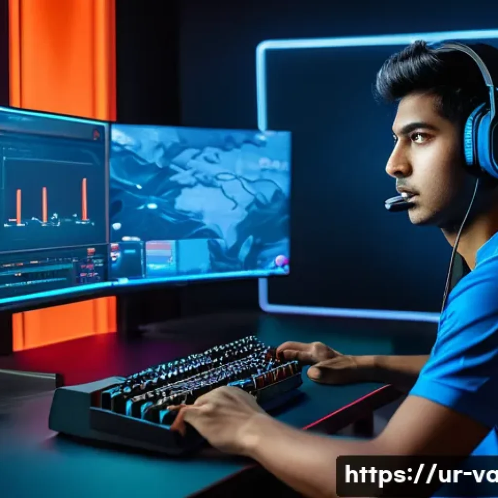 발로란트 카오스 공략법 - A dynamic esports gaming scene featuring a young South Asian male gamer in his early 20s, wearing a ...