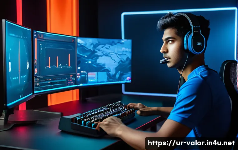 발로란트 카오스 공략법 - A dynamic esports gaming scene featuring a young South Asian male gamer in his early 20s, wearing a ...
