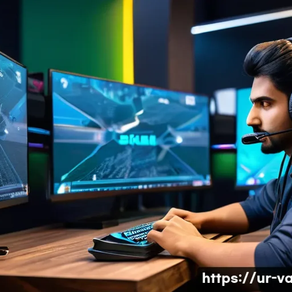 발로란트 서버 위치 및 안정성 - A detailed digital artwork depicting a professional esports player sitting at a high-end gaming setu...