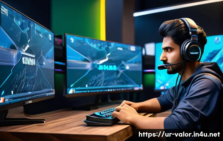발로란트 서버 위치 및 안정성 - A detailed digital artwork depicting a professional esports player sitting at a high-end gaming setu...
