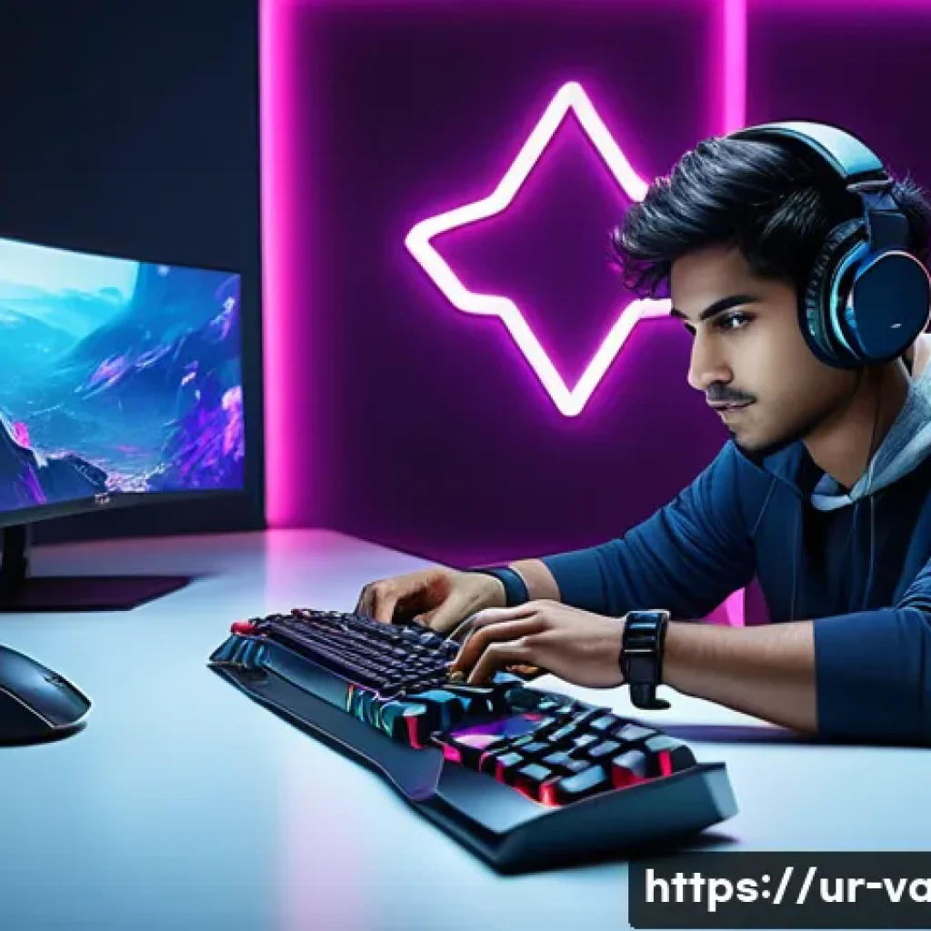 발로란트 나만의 감도 설정법 - A detailed gaming setup scene featuring a young South Asian male gamer in a modern room decorated wi...
