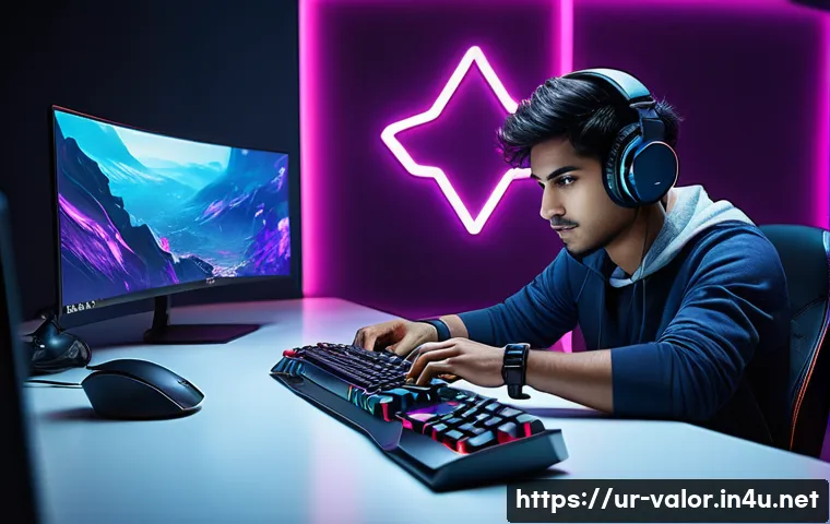 발로란트 나만의 감도 설정법 - A detailed gaming setup scene featuring a young South Asian male gamer in a modern room decorated wi...