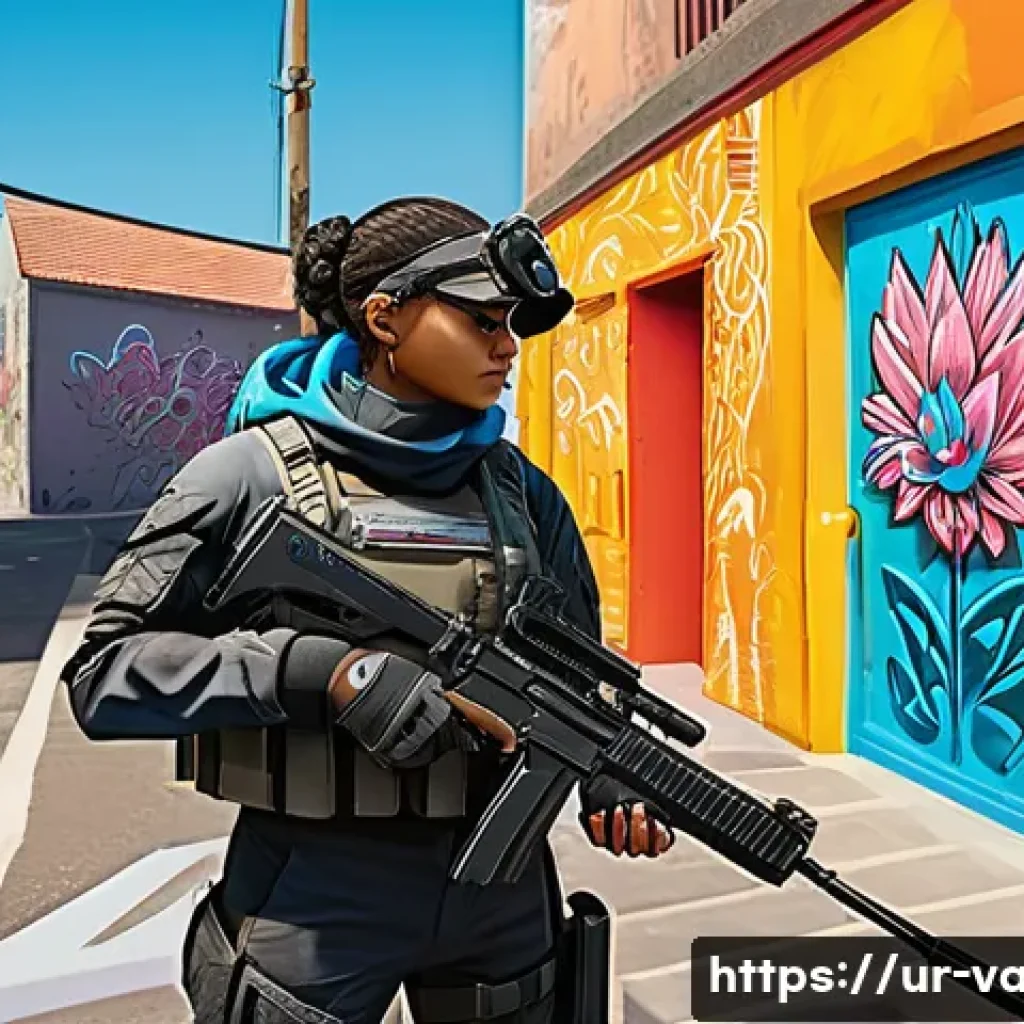 발로란트 이스터에그 찾기 - A detailed digital artwork of Valorant's Breeze map corner featuring a unique graffiti mural that st...