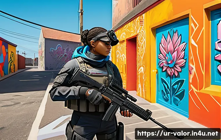 발로란트 이스터에그 찾기 - A detailed digital artwork of Valorant's Breeze map corner featuring a unique graffiti mural that st...