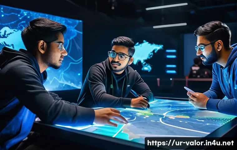발로란트 커뮤니티에서 살아남는 법 - A dynamic esports team meeting scene in a modern gaming arena, featuring five diverse South Asian pl...