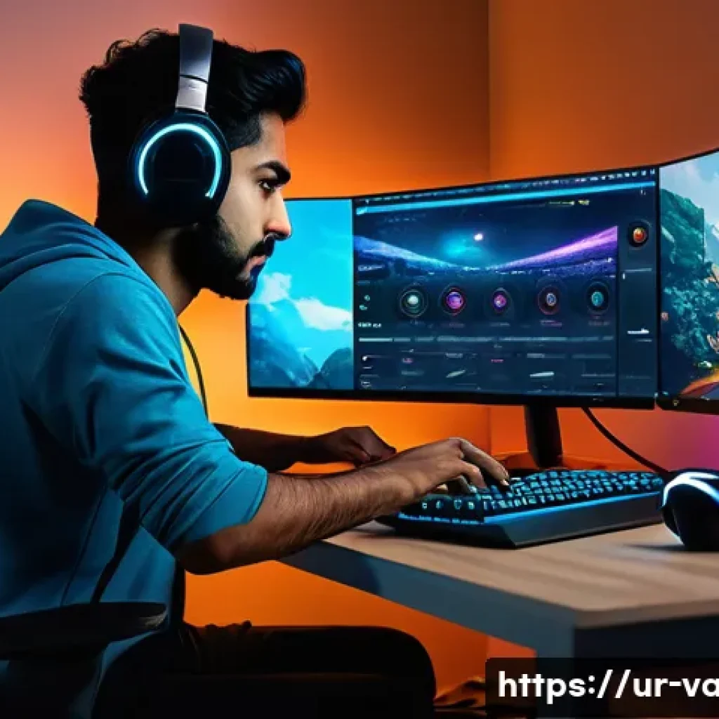 발로란트 게임 내 문제 해결 방법 - A detailed scene showing a young South Asian gamer in a cozy room, intensely focused on playing Valo...