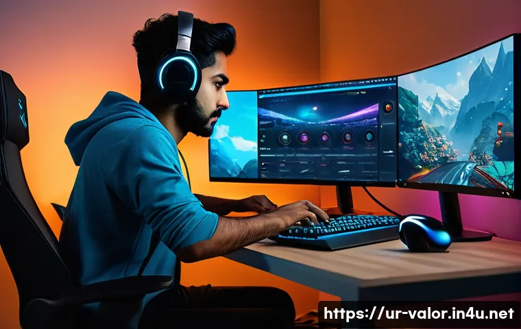 발로란트 게임 내 문제 해결 방법 - A detailed scene showing a young South Asian gamer in a cozy room, intensely focused on playing Valo...