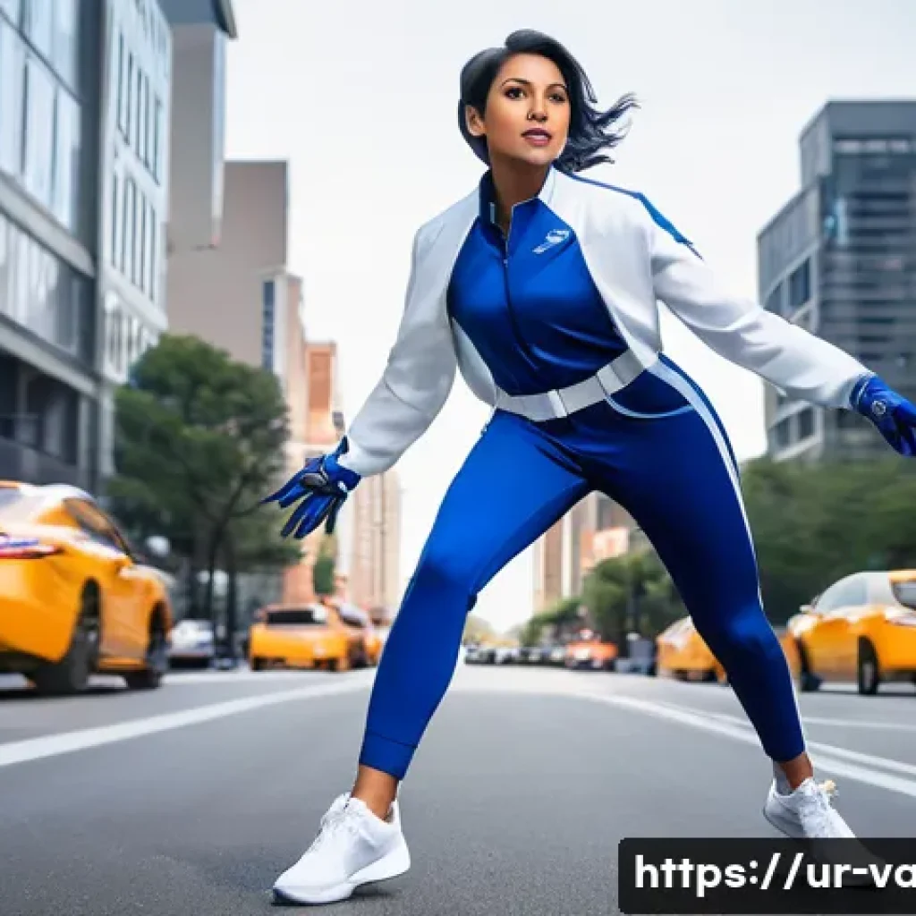 발로란트 인기 코스프레 캐릭터 - A dynamic cosplay scene featuring a young South Asian woman embodying Jett from Valorant, dressed in...