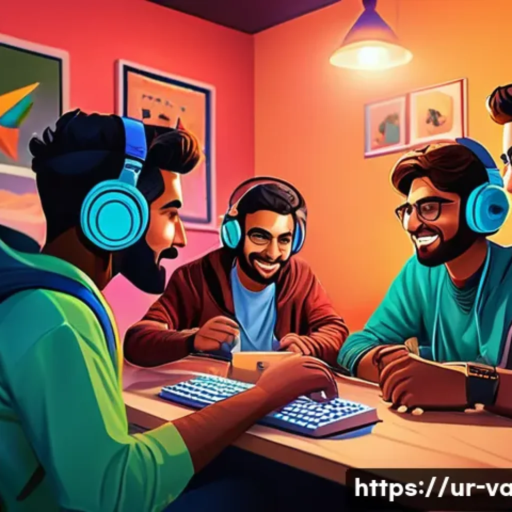 발로란트 커뮤니티와의 소통 방법 - A vibrant digital illustration of a diverse group of young Urdu-speaking gamers enthusiastically eng...