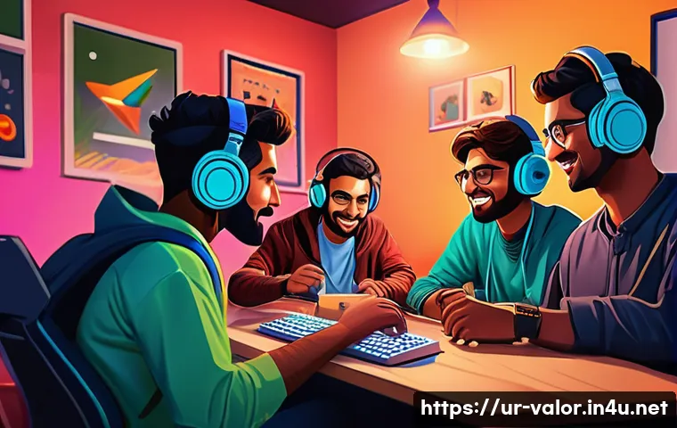 발로란트 커뮤니티와의 소통 방법 - A vibrant digital illustration of a diverse group of young Urdu-speaking gamers enthusiastically eng...