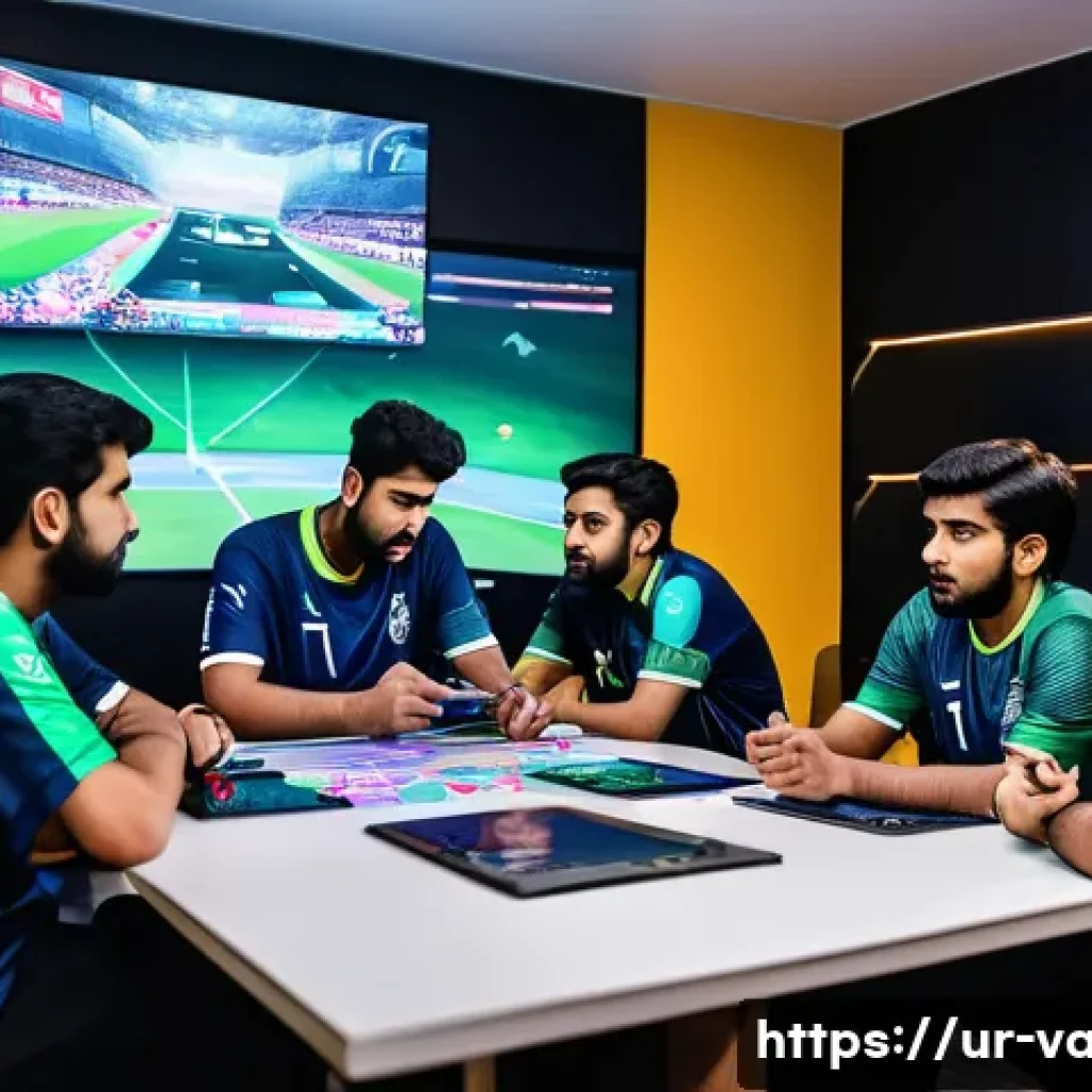 발로란트 유저 기반 콘텐츠 제작 - A dynamic and visually rich scene showing a diverse group of young Pakistani Valorant players gather...