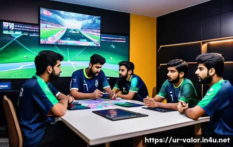 발로란트 유저 기반 콘텐츠 제작 - A dynamic and visually rich scene showing a diverse group of young Pakistani Valorant players gather...