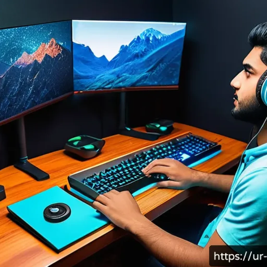 발로란트 초보를 위한 사운드 설정 - A detailed gaming setup scene featuring a young South Asian male gamer in his early 20s wearing high...