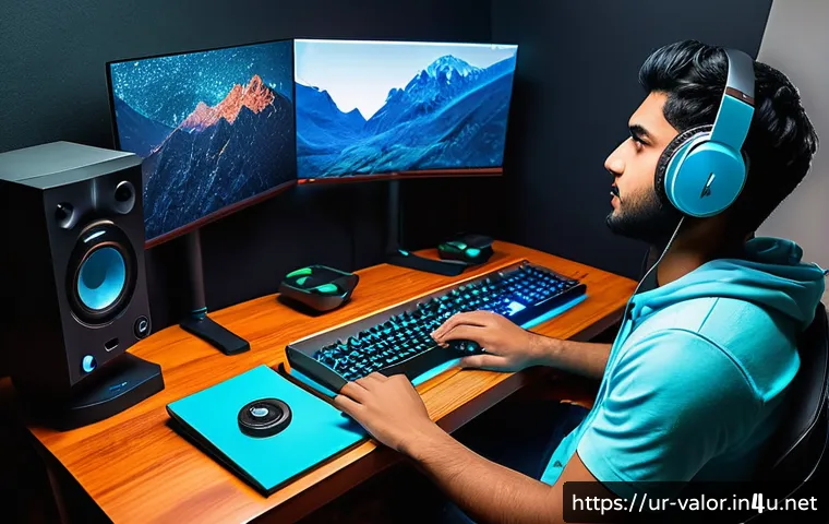 발로란트 초보를 위한 사운드 설정 - A detailed gaming setup scene featuring a young South Asian male gamer in his early 20s wearing high...