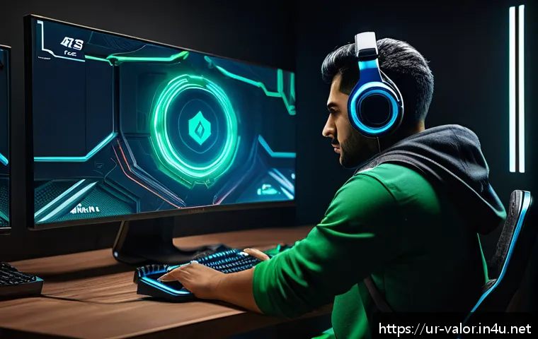 발로란트 사운드 플레이 전략 - A detailed, immersive gaming scene set inside a competitive FPS game environment resembling Valorant...