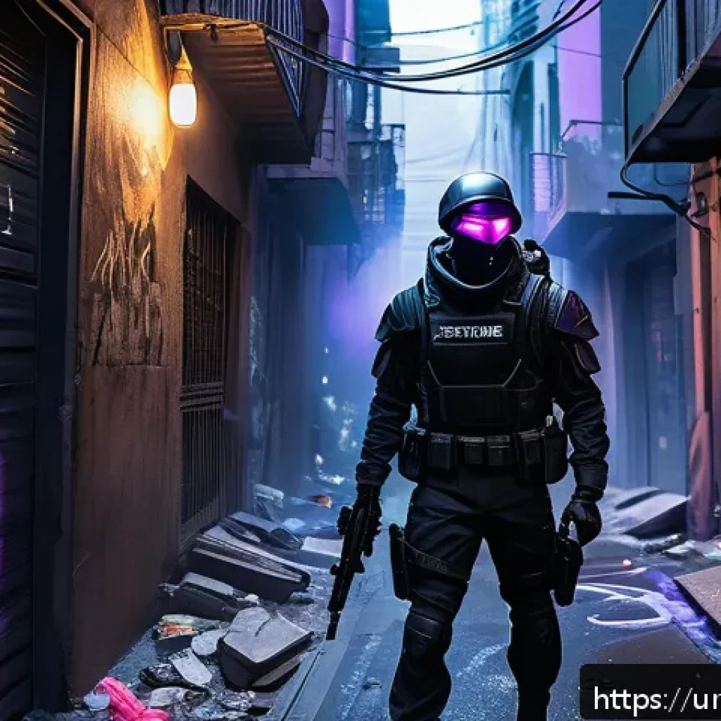 발로란트 오멘 공략법 - A tactical scene of Omen from Valorant stealthily positioned in a dimly lit urban corner of the Bind...