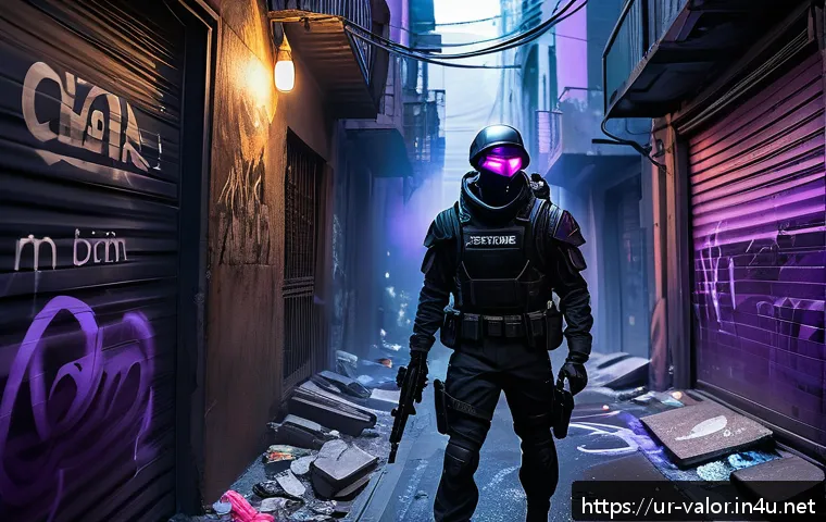 발로란트 오멘 공략법 - A tactical scene of Omen from Valorant stealthily positioned in a dimly lit urban corner of the Bind...