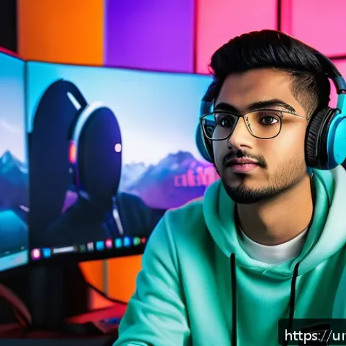 Home 33 발로란트 유저 중심의 콘텐츠 제작 - A vibrant gaming setup featuring a young South Asian male content creator streaming Valorant live, w...