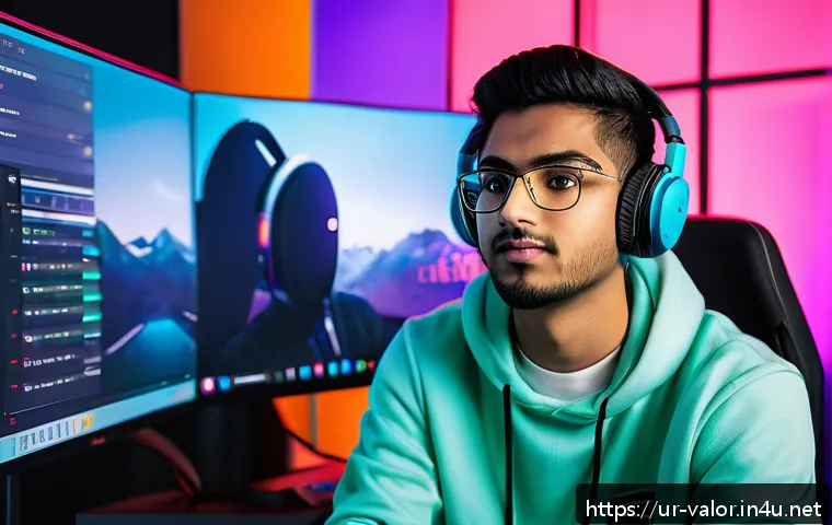 발로란트 유저 중심의 콘텐츠 제작 - A vibrant gaming setup featuring a young South Asian male content creator streaming Valorant live, w...