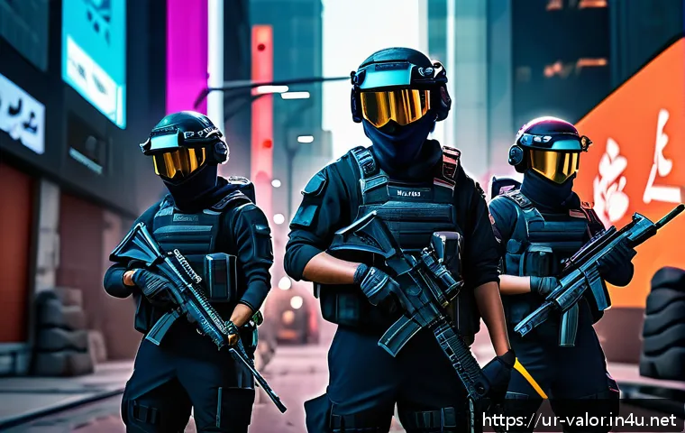 발로란트 새로운 모드의 가능성 - A dynamic Valorant game scene showcasing a diverse team of four agents in tactical gear coordinating...